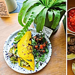 Two images of food in a collage with a yellow tortilla and next to it is a selection of indian street foods
