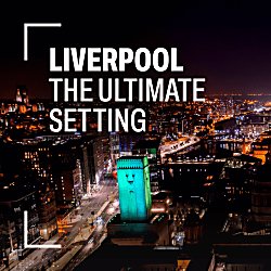 A drone shot of Liverpool at night