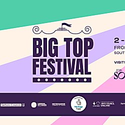 An asset for the Big Top festival in pruple text with different stripes coming from the right hand corner of the image.