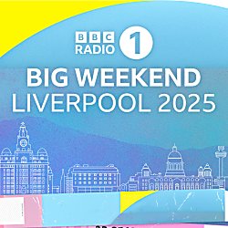 A blue graphic with white text which says 'Big Weekend Liverpool 2025', the image has a yellow curve at the top left and white to the right.