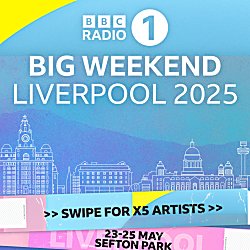 A blue graphic with white text which says 'Big Weekend Liverpool 2025', the image has a yellow curve at the top left and white to the right.