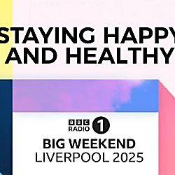 A graphic that says Staying Happy and Healthy with the Big Weekend Liverpool 2025 logo in black underneath, The background is different colours of pink, yellow and blue.