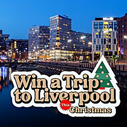 A city backdrop of Liverpool's waterfront at night with a logo that says 'Win a trip to Liverpool This Christmas'