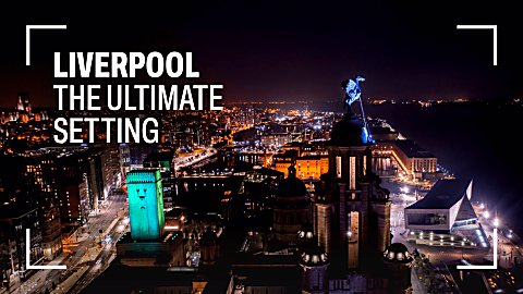 A drone shot of Liverpool at night