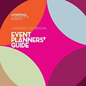 A pink illustrated front-cover with the title 'liverpool city region event planners guide' with two 'superhero' silhouettes.
