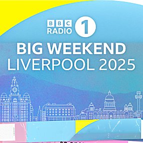 A blue graphic with white text which says 'Big Weekend Liverpool 2025', the image has a yellow curve at the top left and white to the right.