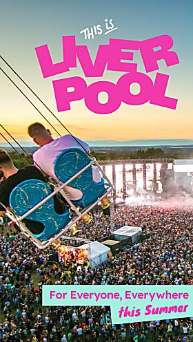A music festival with a large crowd of people in the audience. There are two people on a swing over the crowd. The text says 'This is Liverpool' in pink writing and 'For Everyone, Everywhere this Summer.' in pink text on a blue background.
