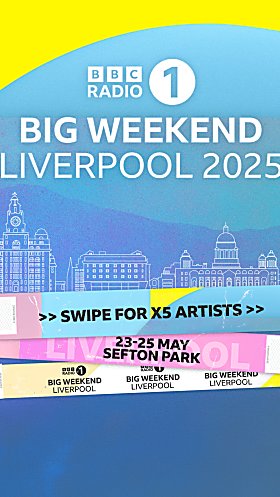 A blue graphic with white text which says 'Big Weekend Liverpool 2025', the image has a yellow curve at the top left and white to the right.