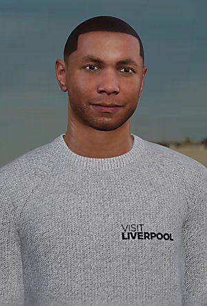 An AI generated person wearing a grey jumper that says Visit Liverpool on it.