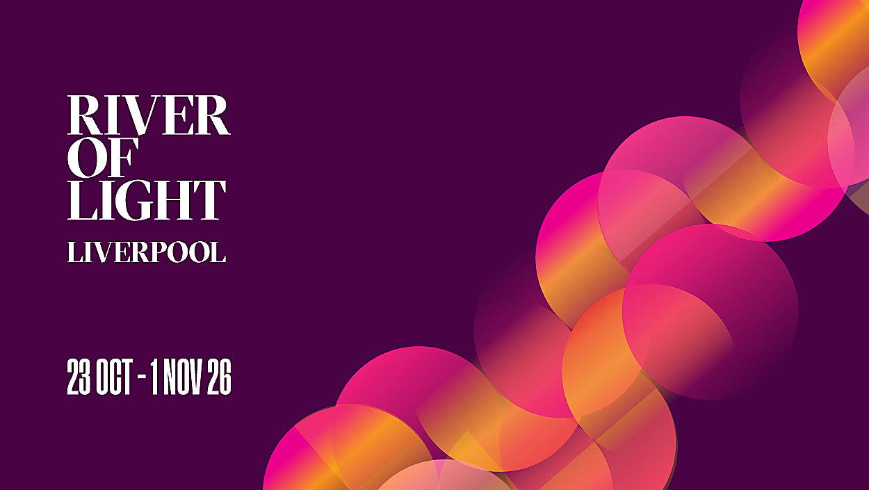 A graphic for River of Light which is on a dark purple background with pink and orange circles in a pattern across the background. It says River of Light Liverpool 23 October - 1 November 2026.