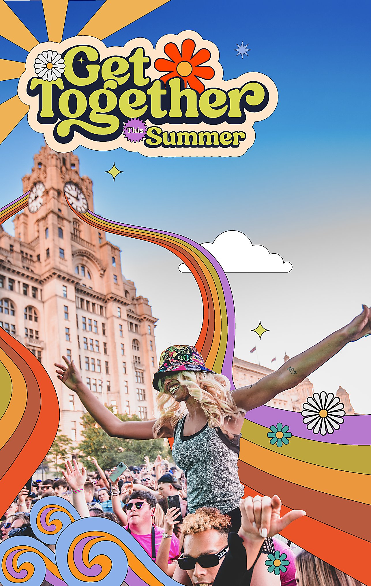 An image of a person on the top of someones shoulders, with the Royal Liver Building in the background.