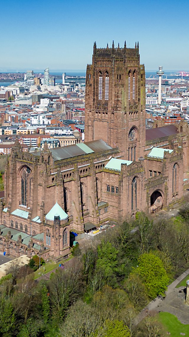 drone shot of Liverpool Cathedral and city centre