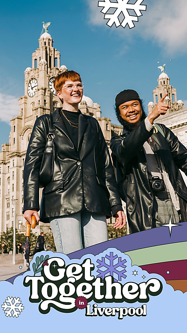 Two people walking on Pier Head in Liverpool with the Royal Liver Building in the background. A logo over the image says Get Together in Liverpool.