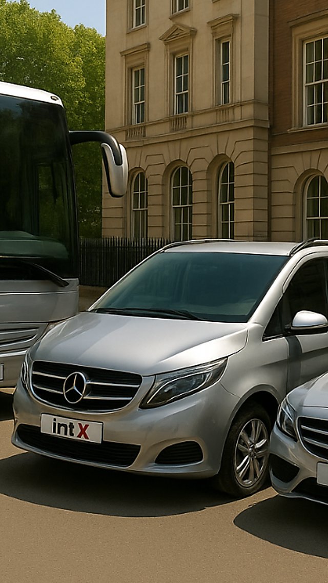 Three silver Mercedes vehicles—a large coach bus, a minivan, and a sedan—are parked side by side on a paved street in front of a historic building with tall windows and brick-and-stone architecture. The vehicles each display “Int X” on their front plates, and trees with green foliage are visible above, casting soft daylight shadows across the scene.
