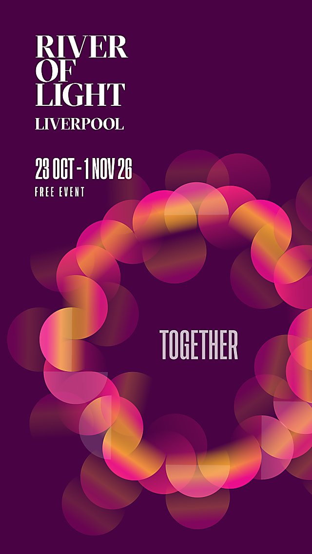 A purple background with the text River of Light Liverpool 23 Oct - 1 November in white text. There is a circle of orange and pink circles too.