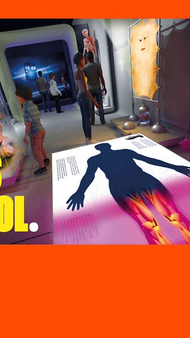 An image inside the World Museum on an orange frame graphic with the words 'The Place is Liverpool. The time is now.' in yellow capital letters.