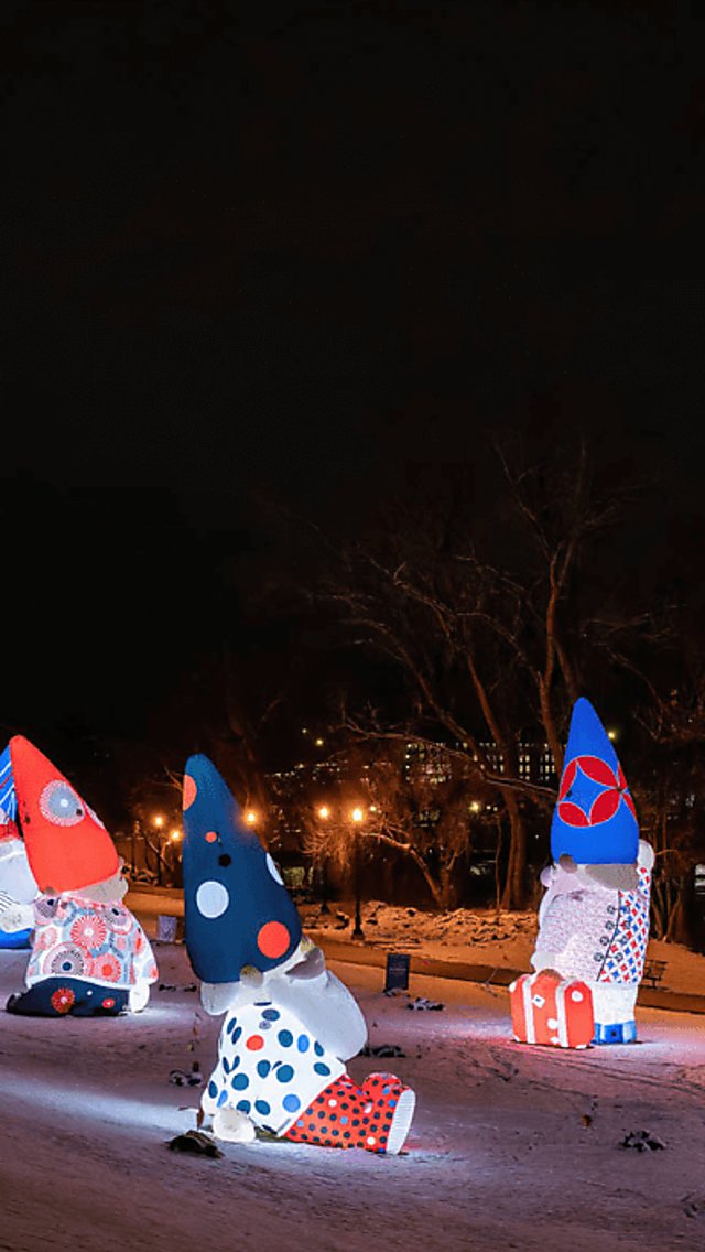 Several artworks of Gnomes with illumination at night.