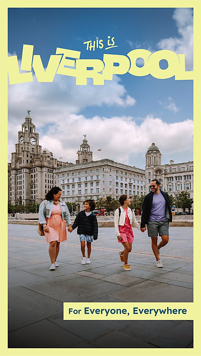 A family of four with two adults and two children walking along Pier Head in Liverpool. it says Liverpool in yellow letter across the top.