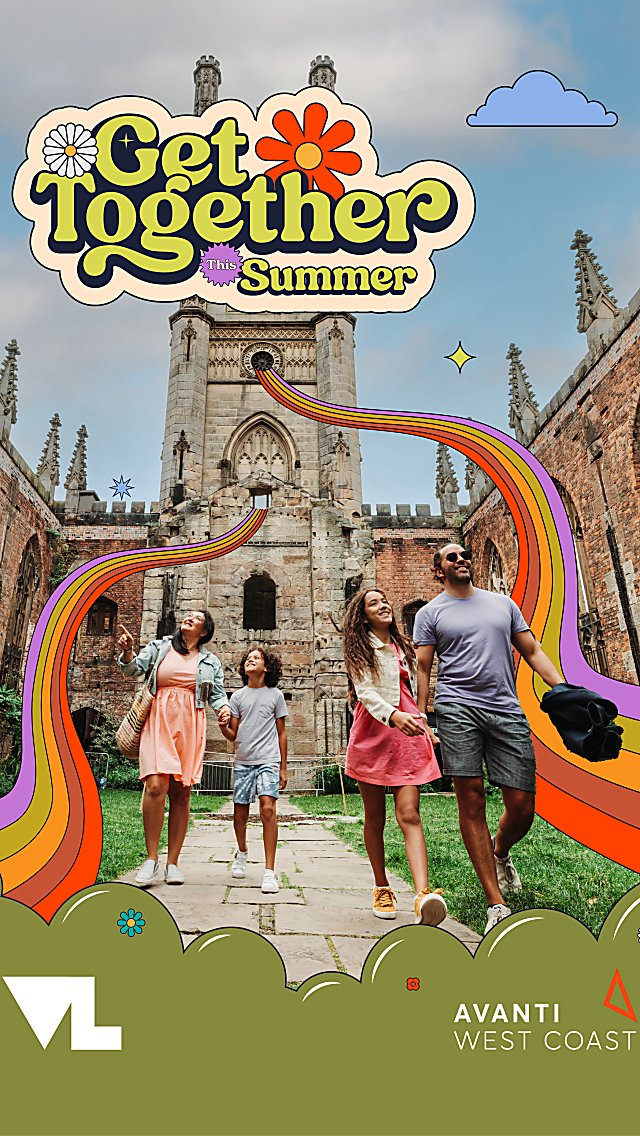 A family of four walking through a church garden with a graphic that says 'Get Together this Summer' in green text. Illustrations of colourful patterns are over the image.