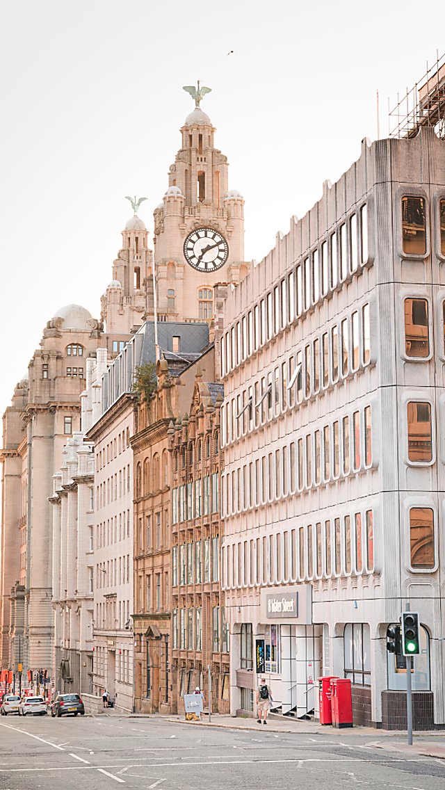 Looking down Water Street towards the Royal Liver Building in the day time