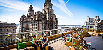 A view of the Pier Head and Royal Liver Building from OH ME OH MY rooftop.