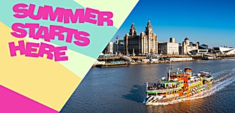 A colourful ferry on a river in Liverpool with a skyline of historic buildings on the waterfront. The text says 'Summer Starts Here' in pink text.
