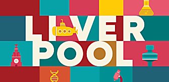 A square patterned background in colours red, blue pink and yellow. It says Liverpool in white letters split over two lines. There are small illustrations of things like DNA, The Liver Building, a yellow submarine, and a test tube.