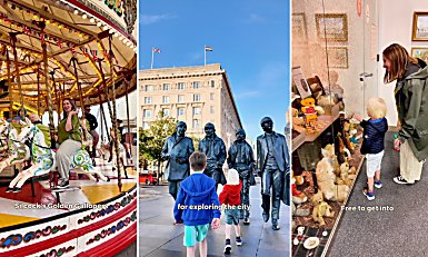 Three photos in a row, one of someone on a carousel, one of two children walking towards a statue of The Beatles, one of an adult and a child looking at an exhibition.