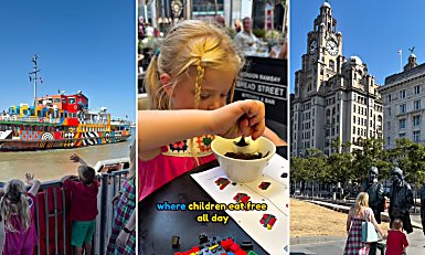 Three photos next to each other, one of two children waving a colourful ferry, another of a child eating ice cream out of a bowl and another of a family walking towards a statue of the beatles.