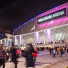 Outside of the M&S Bank Arena with crowds of people.