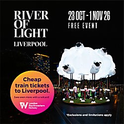 A large light installation in the shape of a sheep with the text River of Light Liverpool 23 October - 1 November.