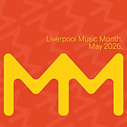 Liverpool Music Month logo on an orange background and yello 'MM'
