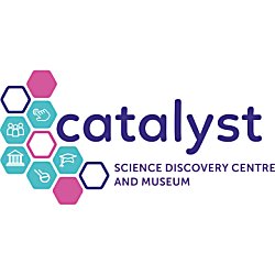 A logo in purple writing that says 'Catalyst' with purple writing underneath saying ''Science Discovery Centre and Museum'.