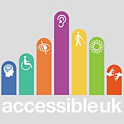 Accessible UK logo with seven columns all in different colours, starting from the left which is blue, turquoise, orange, purple, yellow, green and red.