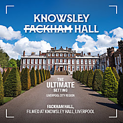 An image of Knowsley hall with white text on top saying ''Knowsley Fackham Hall''.