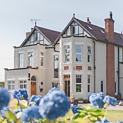 A large manor house painted white with huge windows and two pointed rooves. The photo is taken amongst blue flowers on a sunny day.
