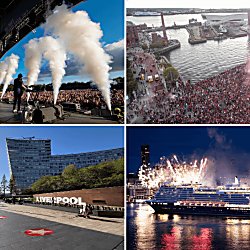 Four photos of events in Liverpool including a music festival, Liverpool FC football parade, Liverpool ONE with stars on the floor and a Cunard Cruise Ship on the Mersey.