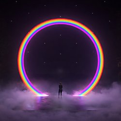 A large light installation that is a ring of rainbow light with a dark background and smoke across the floor.