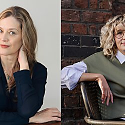 Lucía Sanromán and Aimee Harrison co-curators of the Liverpool Biennial 2026. The person on the left is wearing a dark blazer and has blonde hair. The person on the right it wearing a green jumper with white shirt sleeves and has blonde wavy hair.