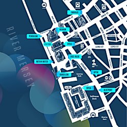 The River of Light branded map with navy colours, green, blue and pink circles and white lines to guide people to installations.