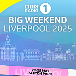 An image saying 'Radio 1 Big Weekend Liverpool 2025' with a white outlined image of Liverpool Three Graces.