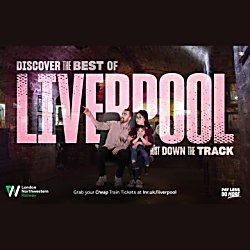Two people sitting with a child on their lap and pink text behind that says ''Discover the best of Liverpool''.