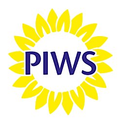 A sunflower logo with yellow petals and blue text that says PIWS in the middle.