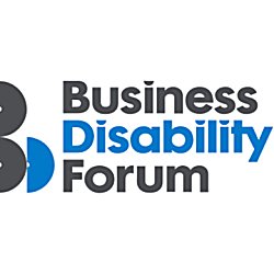 A blue and grey logo which says 'Business Disability Forum'. There are semi circles to the left of the image with two grey and one blue, situated behind the bottom grey semi-circle.