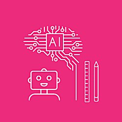 A white outline of a robot and a speech bubble with an AI sign.