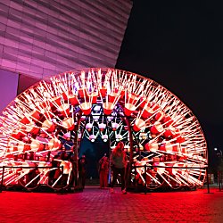 A large light installation that looks like a Dandelion lit up in red colours.