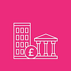 A white outline of a bank and a pound coin with a high rise building.