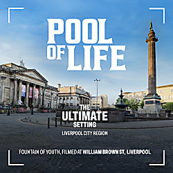 A photo of historic buildings in Liverpool with the text Pool of Life over the top of it in white text.