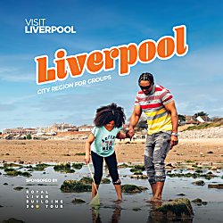 An image of a man and child on a beach looking in the water - there is also text on the top of the image that says ''VisitLiverpool Liverpool City Region For Groups''.