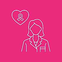 A white outline of a woman with a cancer awareness ribbon in a heart to the left of her head.